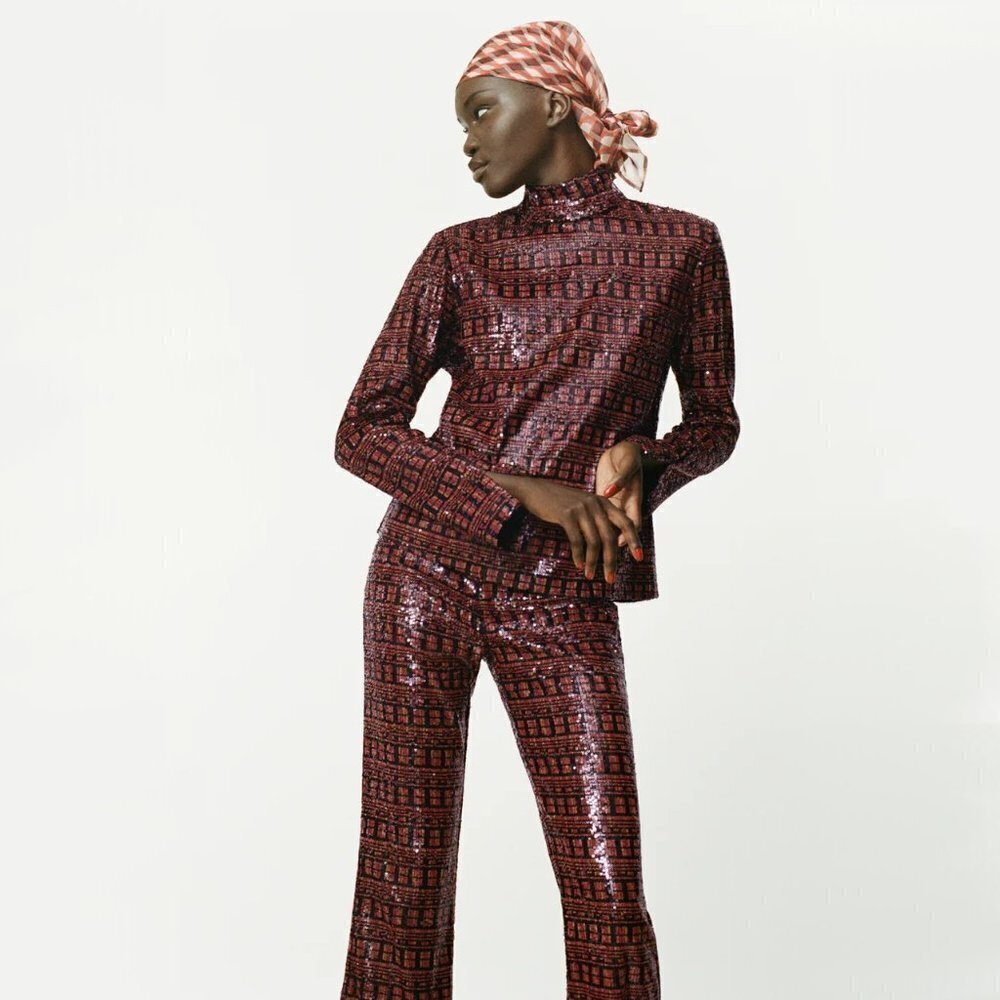 NWT Zara red, orange & black sequin high collar top & high waisted pants bundle